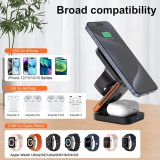 แท่นชาร์จไร้สายแบบพับได้ 3 in 1 แท่นชาร์จไร้สายแบบเร็ว เหมาะสําหรับ iPhone/Apple Watch/AirPods Pro