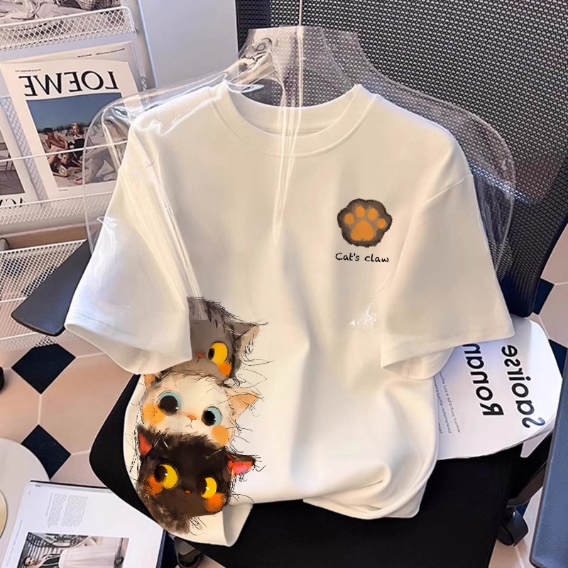 【สินค้ามีในสต็อก】เสื้อยืด NASA สีขาว ผ้าฝ้าย 100% ไซส์โอเวอร์ไซส์ ลายแมวน่ารัก (Cute Cat) แบบ Unisex