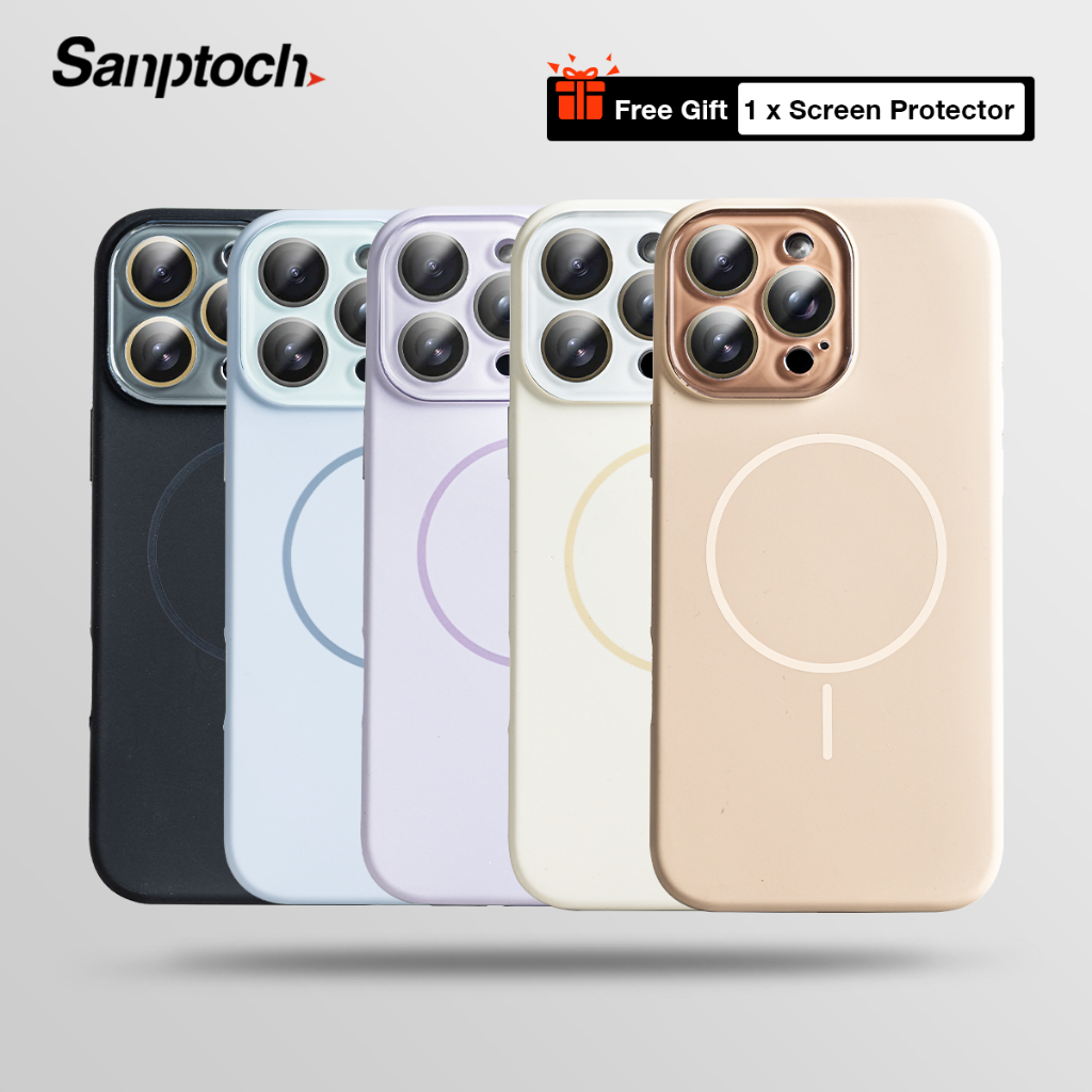 Sanptoch สําหรับเคสโทรศัพท์ซิลิโคนที่เหมาะกับผิวแม่เหล็กสําหรับ iPhone 16 / 15 / 14 / 13 Pro Max Soft Edge + Hard PC ปกหลังทหาร-Drop ปลอกป้องกันพร้อมฝาครอบเลนส์อะคริลิค