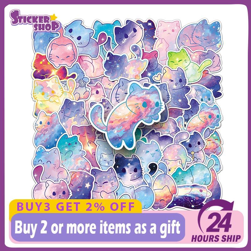 50PCS สีน้ํา Starry Sky Cat Graffiti สติกเกอร์น่ารัก INS สไตล์การ์ตูน Decal สติกเกอร์กันน้ํา
