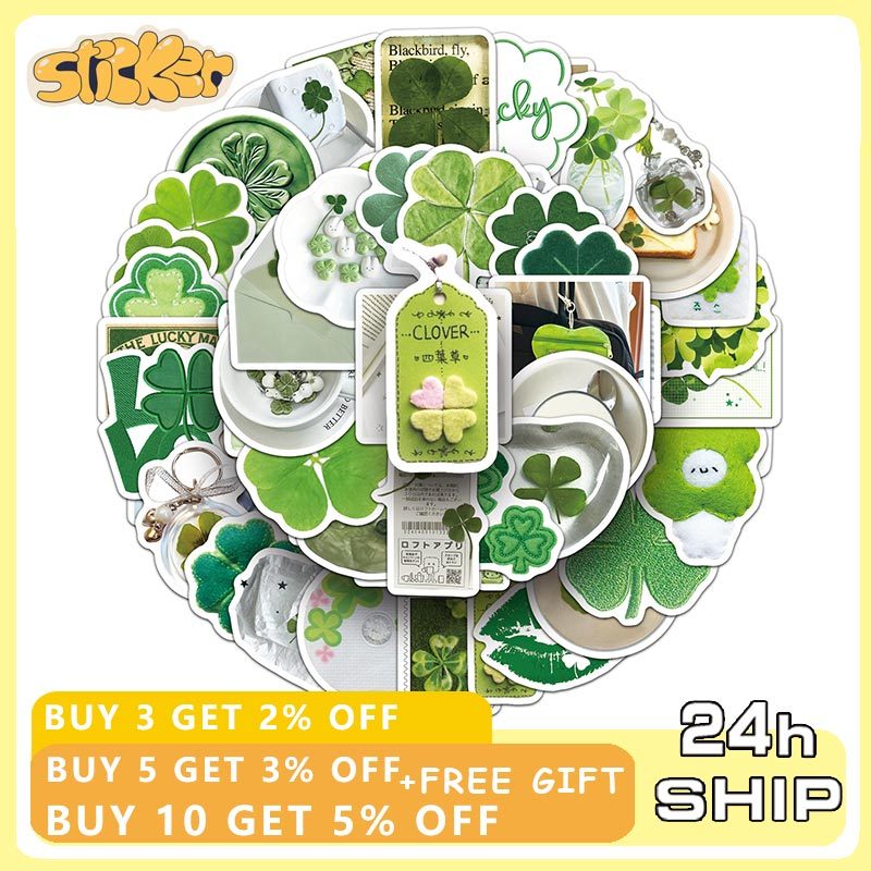 50PCS สีเขียว INS สไตล์ Four Leaf Clover สติกเกอร์ DIY กระเป๋าแล็ปท็อปการ์ตูน Decals ของเล่นเด็ก