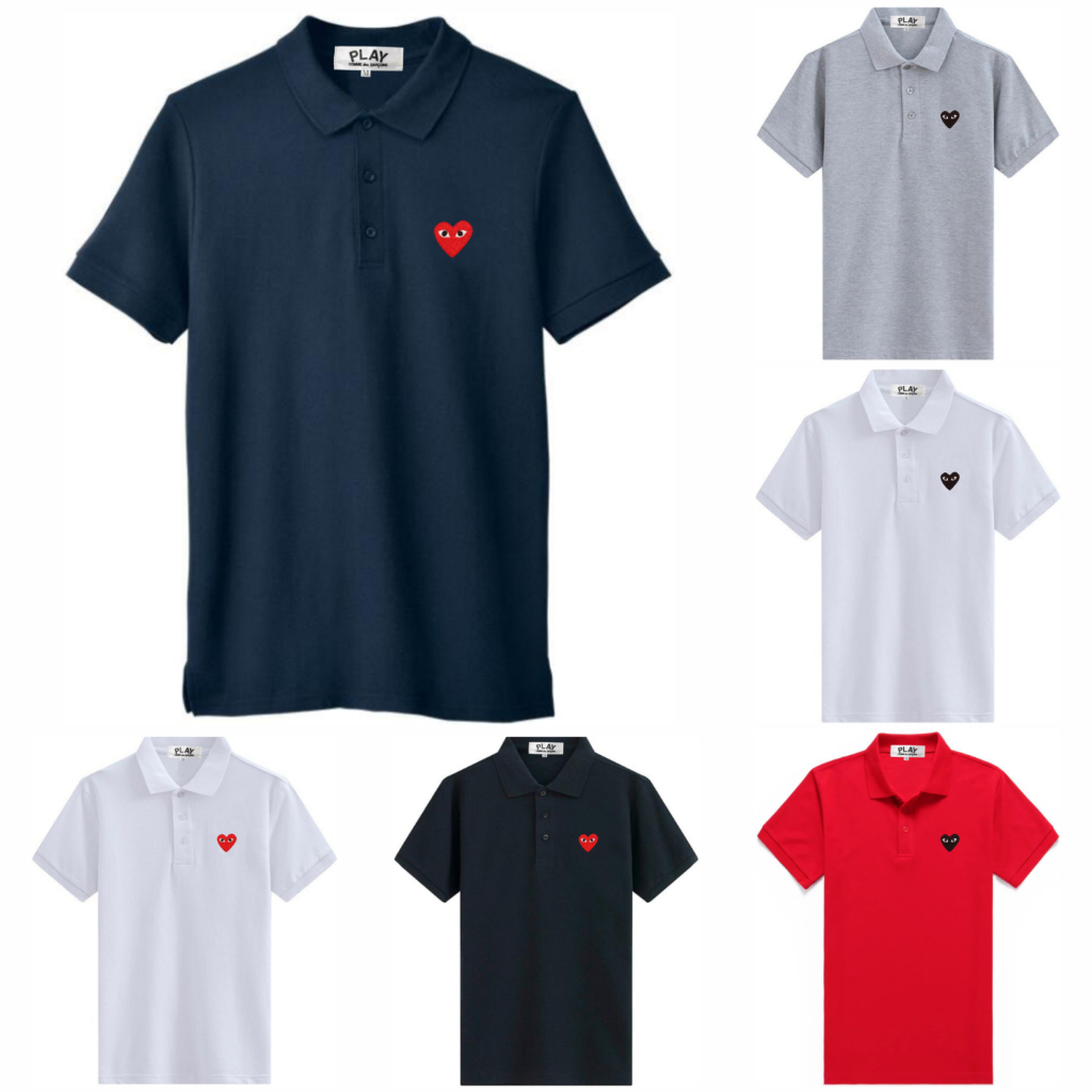เล่น เสื้อโปโลผู้ชายขนาดใหญ่ผ้าฝ้าย 100% ดีไซน์หัวใจปักคลาสสิก (ขนาด ส-3เอ็กแอล)
