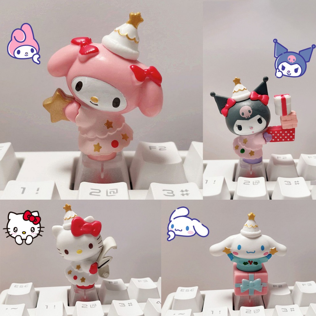 ✨ ชุดคีย์แคป Sanrio ต้นคริสต์มาส - Kuromi & ซินนามอ roll เรืองแสง UV | สำหรับสวิตช์+ เกมรันต้องมี!