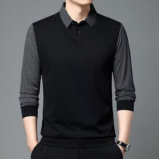 Autumn men's long-sleeved polo shirt stripe trend warm base top shirt