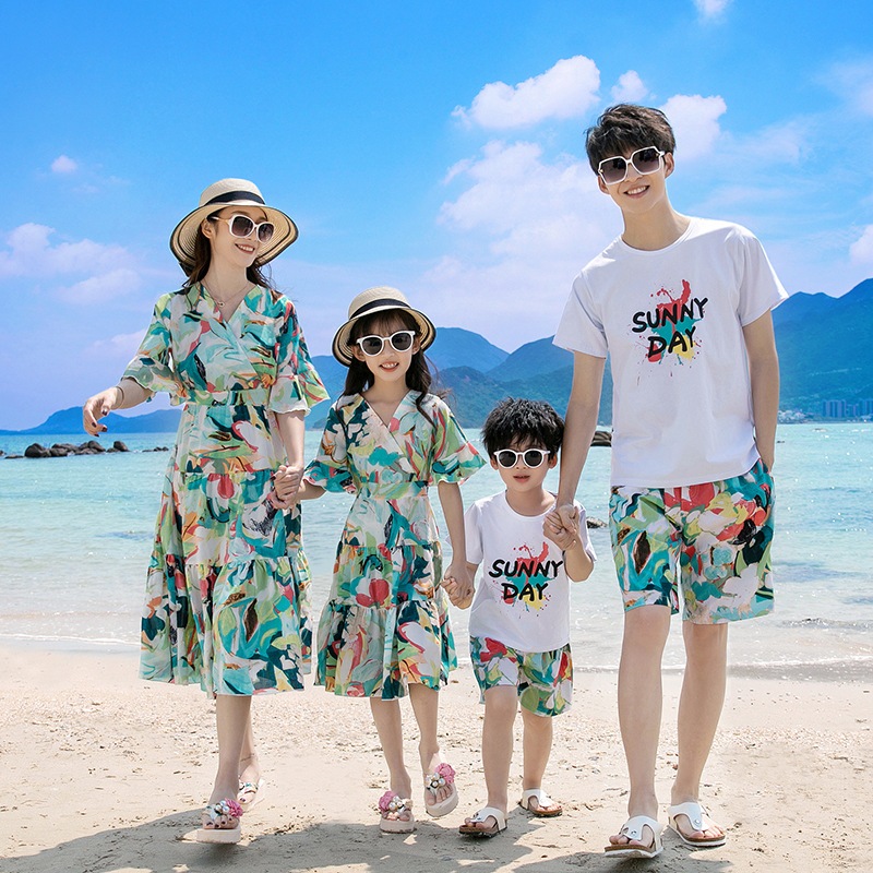 Family Matching Beachwear Set - Men's & Boys' Hawaiian Shirt + Shorts, Women's & Girls' Long Dress