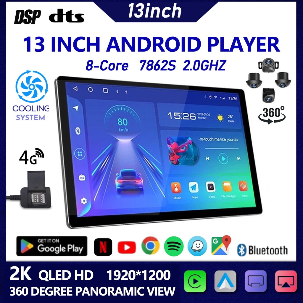 ⚡เครื่องเล่น Android 13 นิ้ว QLED 2K 360⚡ 13 นิ้ว Android Player 7862S TS10S TS18 8+128G Universal 4