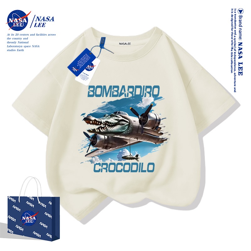 【ส่งเร็ว 48 ชั่วโมง】เสื้อยืดเด็ก NASA ผ้าฝ้ายนุ่ม ลายเครื่องบินทิ้งระเบิดจระเข้ สไตล์ไทย