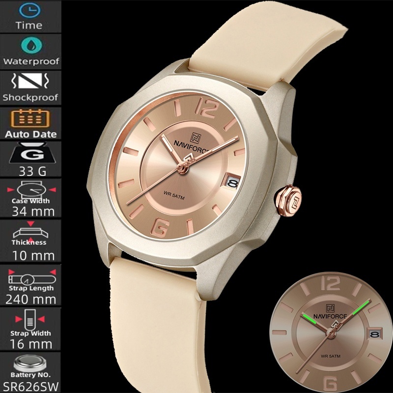 นาวีฟอร์ซ นาฬิกาแฟชั่นสตรีที่มีวันที่อัตโนมัติสายรัดซิลิโคนส่องสว่างจอแสดงผลอะนาล็อกสไตล์เรียบง่ายควอตซ์นาฬิกาข้อมือกันน้ํา