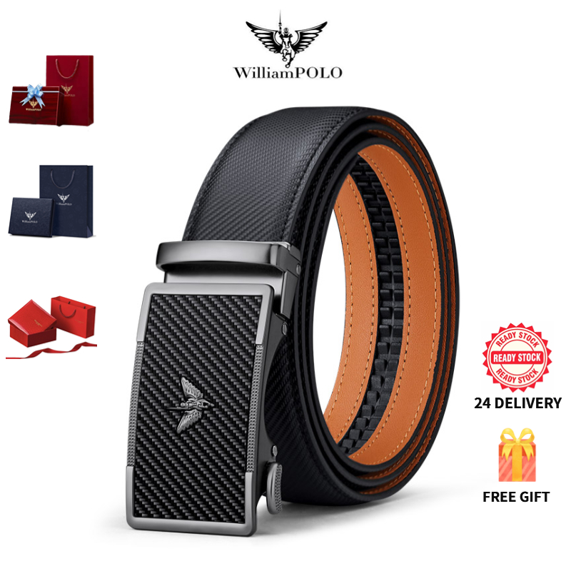 เข็มขัดหนังแท้ William Polo สำหรับผู้ชาย แบบอัตโนมัติ พร้อมกล่องของขวัญสุดหรูฟรี Men's leather belt with alloy automatic buckle free gift box.