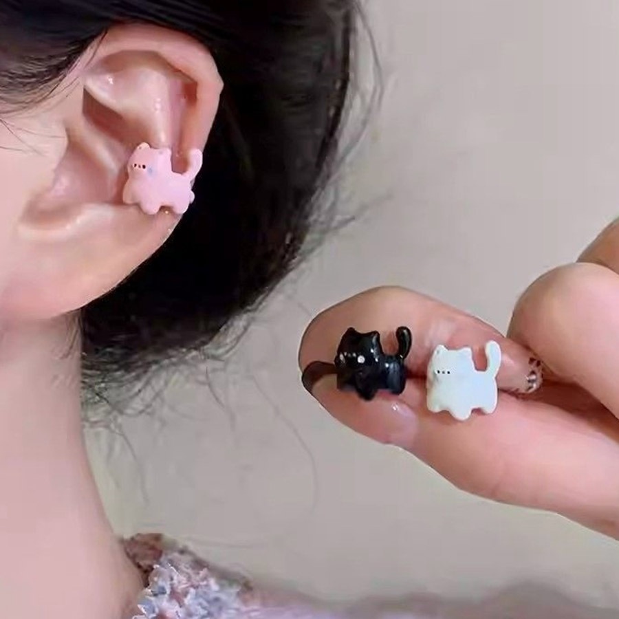 ต่างหูคลิปแบบไม่มีหูพาย ออกแบบเรียบง่าย สไตล์กระดูก น่ารักเหมือนแมวดำ ราคาถูก Shopee Lazada