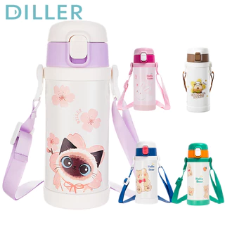 Diller Thermos ขวดน้ําสายรัดฟาง Leakproof Tritan BPA Free Spout ดื่ม 350ml D9091