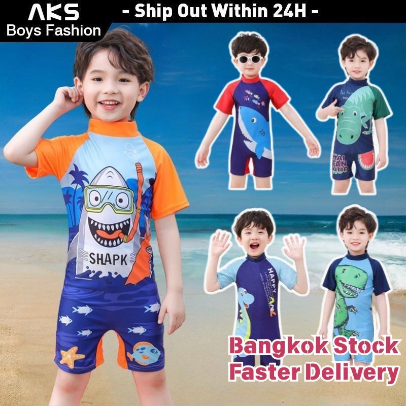 จัดส่งจากกรุงเทพฯ| AKS แฟชั่นน่ารักไดโนเสาร์ชุดว่ายน้ําเด็ก Quick Dry & Soft แขนสั้น One Piece ชุดว่ายน้ําฤดูร้อนสําหรับเด็กทารก 3-10Y