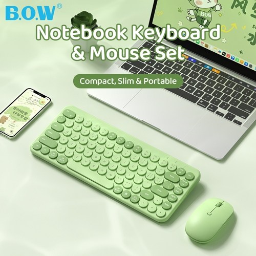BOW MK397L/MK397DL/K397DL Mute Triple-Mode ชุดคีย์บอร์ดและเมาส์ชาร์จน่ารักสีเขียวสํานักงานสําหรับแล็