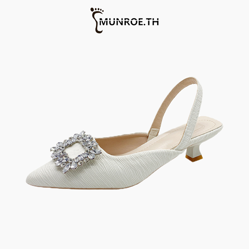 Munroe รองเท้าส้นสูง หัวแหลม ประดับเพชร หัวเข็มขัดสี่เหลี่ยม สไตล์ฝรั่งเศส สําหรับผู้หญิง