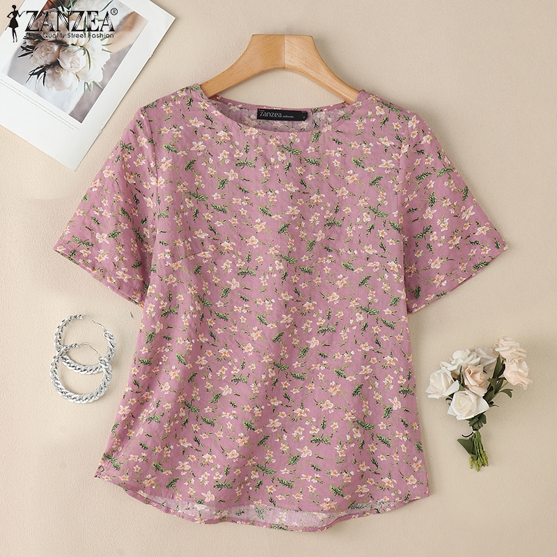 ZANZEA ใส่ ซานเซีย ผู้หญิงแฟชั่นเกาหลีทุกวัน โอ-คอดอกไม้ครึ่งแขนเสื้อเสื้อลําลองท็อปส์