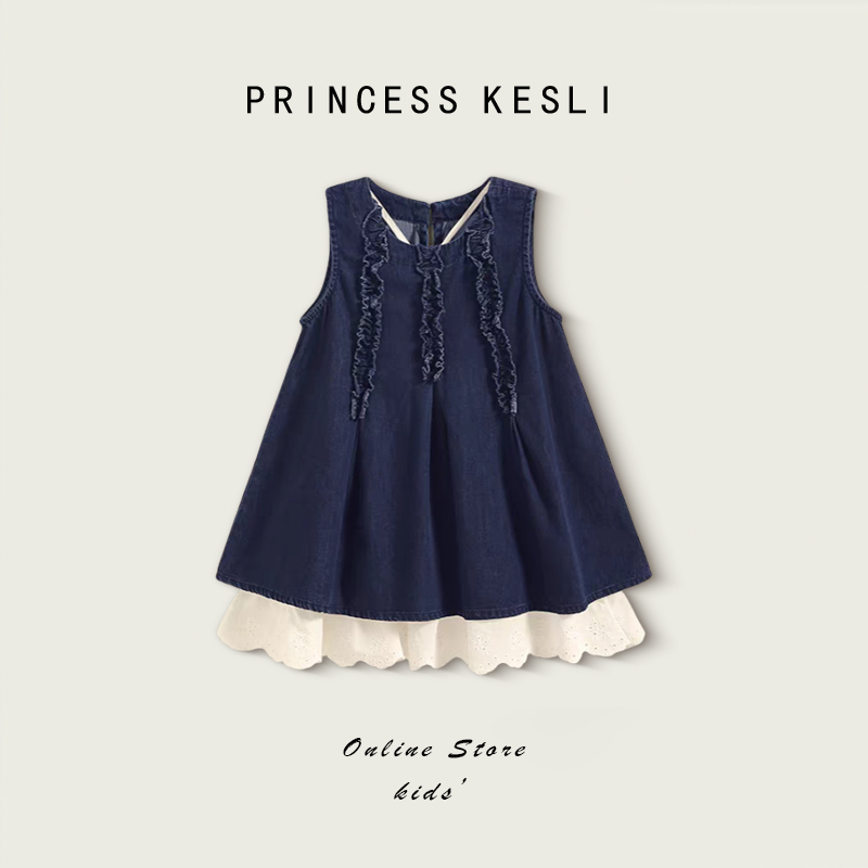 Princess kesli ชุดเดรสเด็กผู้หญิง แบบเกาหลี เด็กผู้หญิงชุดเดรสยีน แขนกุด ลําลอง สองชิ้น สําหรับเด็กผู้หญิง 2-12 ปี