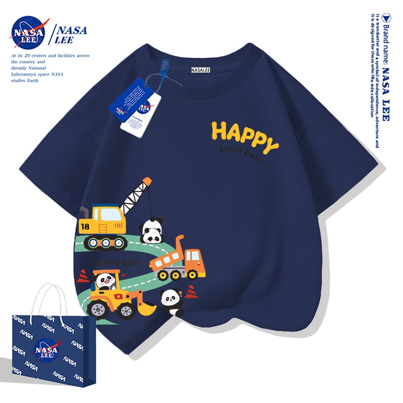 【สินค้ามีในสต็อก】เสื้อยืดเด็ก NASA สีน้ำเงินกรมท่า (Navy) ผ้าฝ้าย 100% ลายรถขุดการ์ตูน (Cartoon Excavator) สำหรับเด็กชาย-หญิง