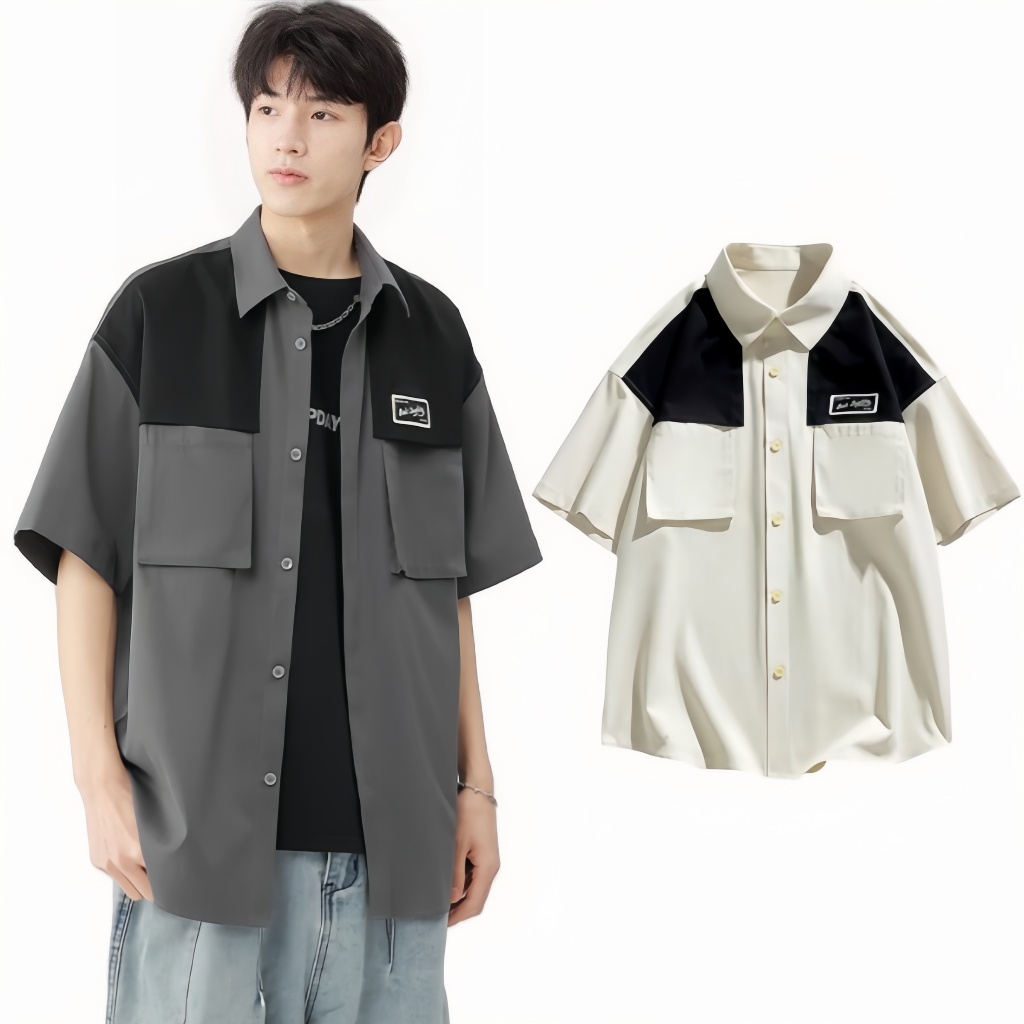 ⚡ProMan⚡เสื้อเชิ้ตผู้ชาย   กระเป๋าหลายใบ  เสื้อเย็บสี  แบบหลวม  ผ้าไอซ์ซิลซ์