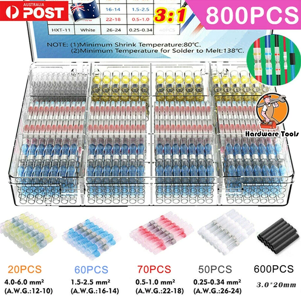[พร้อมส่ง] ตัวเชื่อมต่อสายไฟบัดกรี กันน้ํา และตัวหดความร้อน 800 ชิ้นชุดตัวเชื่อมต่อสายไฟซีลบัดกรี