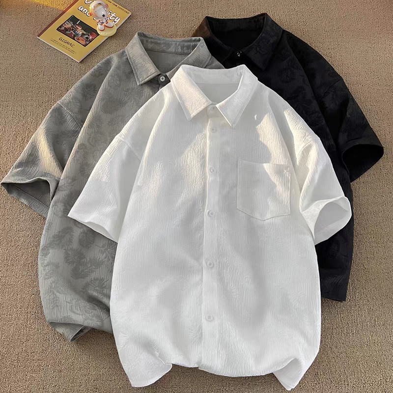 ⚡ProMan⚡เสื้อเชิ้ตผู้ชาย  ลายดอกไม้  สีล้วน  ใส่ได้ทั้งชายและหญิง  สไตล์อเมริกันวินเทจ