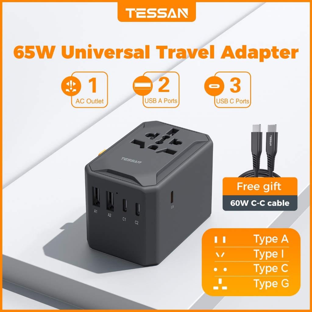 TESSAN Universal Travel Adapter ที่ชาร์จแบบพกพาพร้อมปลั๊ USB+Type C อะแดปเตอร์ชาร์จเร็ว 35W/65W/100W
