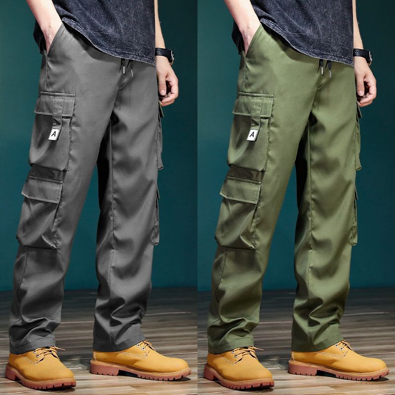 กางเกงผู้ชายสไตล์ย้อนยุคอเมริกัน กางเกงทรงหลวมขากว้างทรงตรงหลายกระเป๋า เอวยางยืด