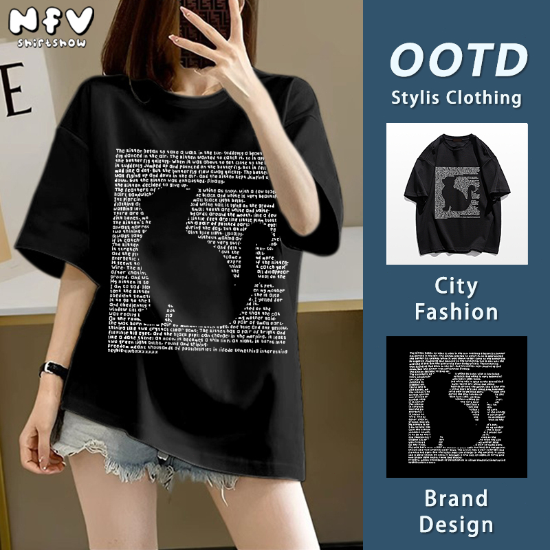 NFV ส่งจากไทย🚚ลายพิมพ์รูปทรงแมว เสื้อยืดแขนสั้นคอกลม ทรงหลวม ผ้าฝ้ายแท้ ใส่สบาย ฤดูร้อน YG737