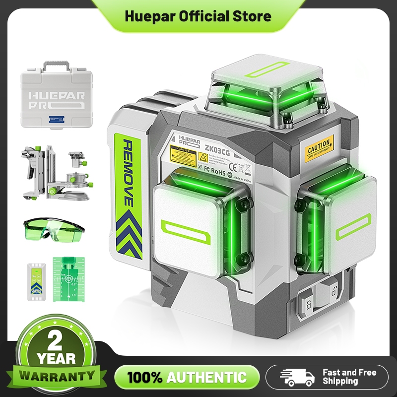 Hueparpro Laser Level 3 x 360 เครื่องมือเลเซอร์ลําแสงสีเขียวปรับระดับด้วยตนเอง, เลเซอร์ 3D Cross Line มืออาชีพความแม่นยําสูงพร้อมแบตเตอรี่ลิเธียมไอออนแบบชาร์จไฟได้ 8000mAh