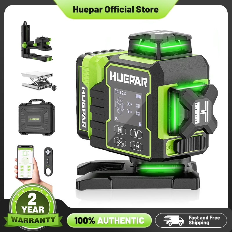 Huepar Laser Level 360 Self Leveling, W04CG อัพเกรด 4x360° เครื่องมือปรับระดับแลเซอร์ก่อสร้างบลูทูธพร้อมฐานหมุนไฟฟ้าและหน้าจอ จอแอลซีดี ขนาดใหญ่, 4ง 16 เส้นเลเซอร์ข้ามสีเขียว