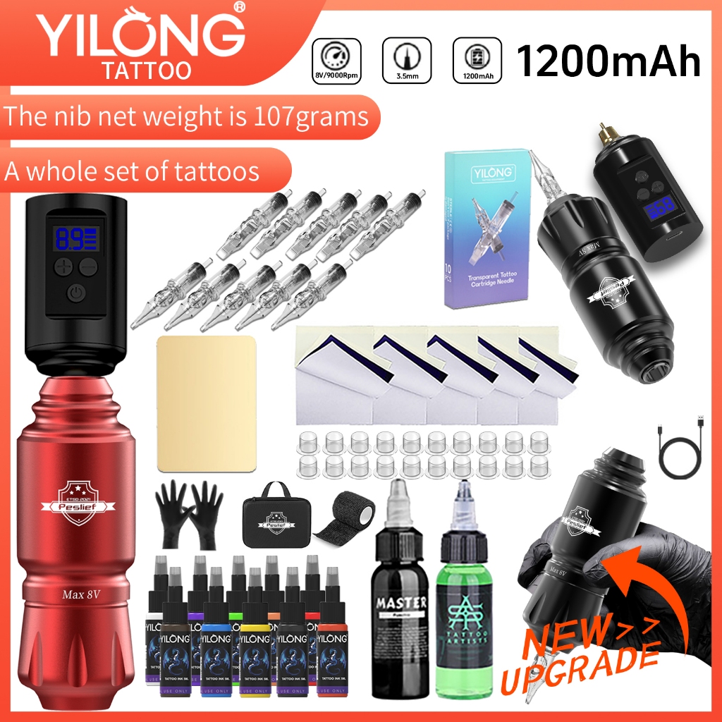 YILONG Rocket สไตล์ชุดปากกาสักไร้สาย - ญี่ปุ่นมอเตอร์อินเทอร์เฟซ RCA Type-C ชาร์จ/1500mAh จอแสดงผล LED 50 ชิ้นอุปกรณ์เสริมมืออาชีพ