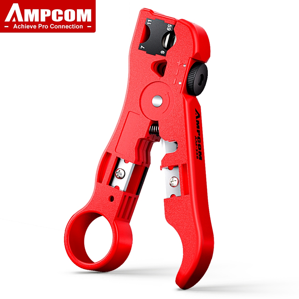 AMPCOM AM-358 เครื่องตัดลอกสายสีแดง - มีดตัดลอกหลายใน 1 ในชุดเครื่องมือตัดสายไฟ, ปรับได้ทั้ง STP/UTP สายเคเบิล, ดีไซน์หมุนได้สะดวกสบายสำหรับการตัดลอกสายไฟ, สามารถใช้กับสายเคเบิลทุกชนิดและสาย