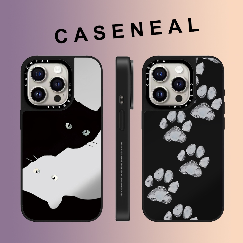 CASENEAL สีดําและสีขาวแมว paw พิมพ์กระจก face เคสโทรศัพท์สําหรับ iPhone 16 Pro Max 15 Plus 14 ProMax 13 12Pro 11 โทรศัพท์กันกระแทกขอบนุ่ม hard กรณีป้องกัน