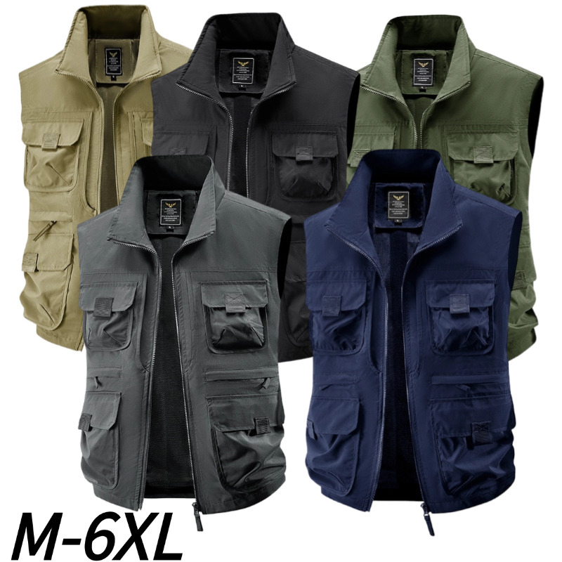 M-6XL บางสไตล์ Breathable Multi-Pocket Cargo เสื้อกั๊กตกปลาการถ่ายภาพกลางแจ้ง Stand-Up Collar Quick-Drying ขนาดใหญ่เสื้อกั๊กแจ็คเก็ต