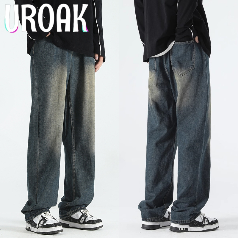 💥URAOK💥กางเกงยีนส์ผู้ชาย สไตล์เกาหลีย้อนยุค ขากระบอก Baggy Jeans ทรงหลวมเรียบง่าย ยาวเหนือตาตุ่ม สวมใส่สบาย unisex สำหรับผู้ชายและผู้หญิง แฟชั่นสุดฮิต 2024 จัดส่งด่วน Express S-3XL#songkran