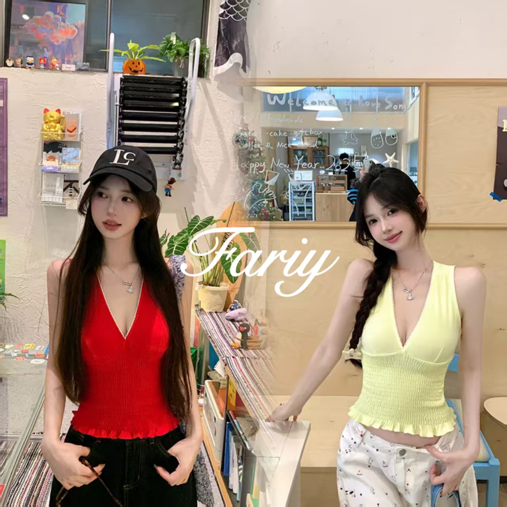 Fariy🍒คลังสินค้าพร้อม🍒 เสื้อกล้ามคอวีดีไซน์ใหม่สำหรับผู้หญิง สไตล์ฤดูร้อน หวานและเผ็ดร้อน เสื้อกล้ามสั้นรัดรูปเปิดหลัง