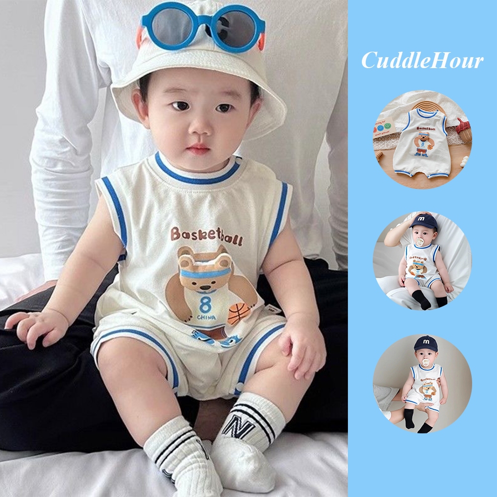 ทารกแรกเกิด ชุดรอมเปอร์ น่ารักบาสเกตบอลลายหมีผ้าฝ้ายเด็กทารก ชุดจั๊มสูท 0-24เดือน