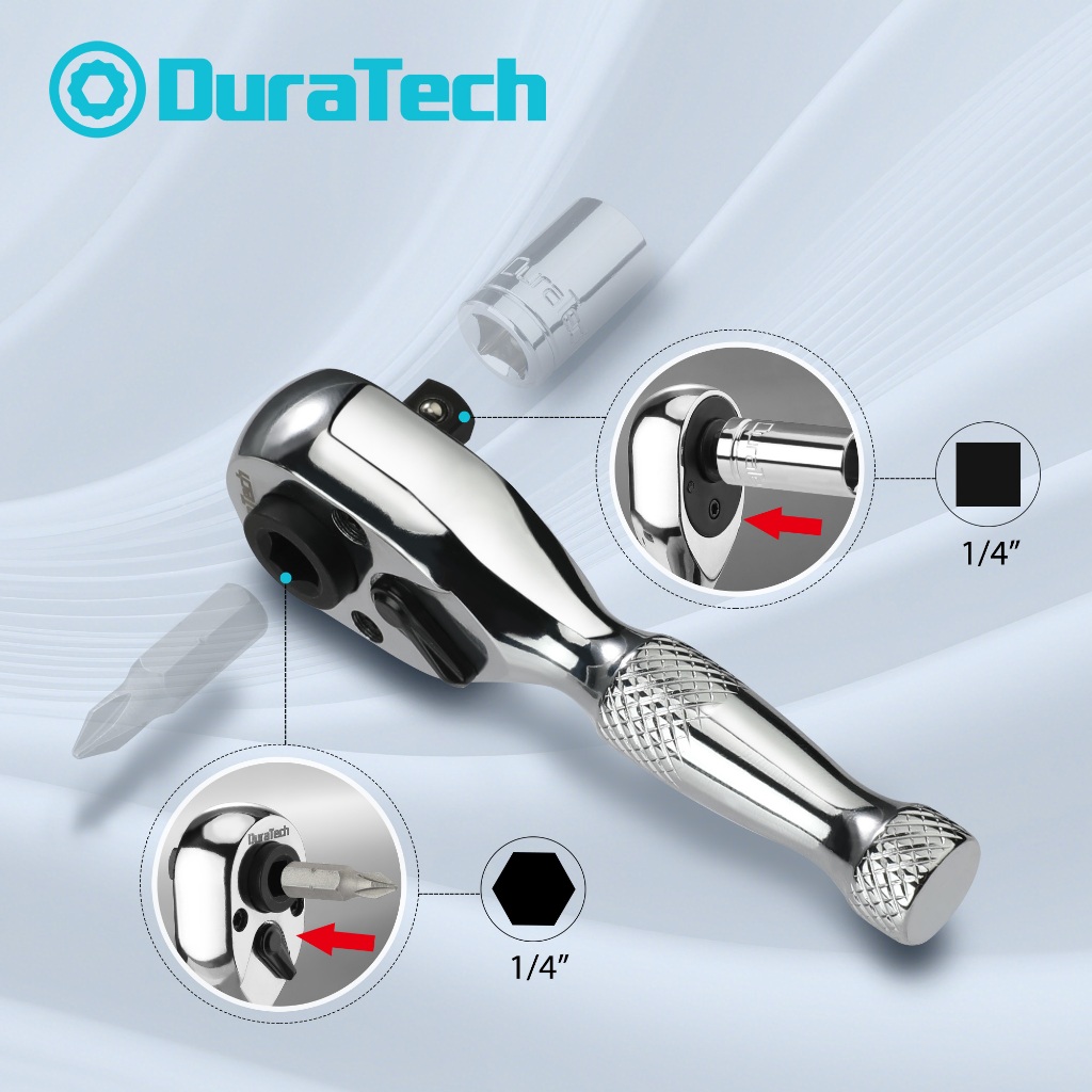 Duratech ประแจวงล้อ Stubby 1/4 นิ้ว, ไดรเวอร์ Socket & Bits, 72 ฟัน, โครเมียมอัลลอยด์ Made, ชุบโครเมียมเสร็จสิ้น