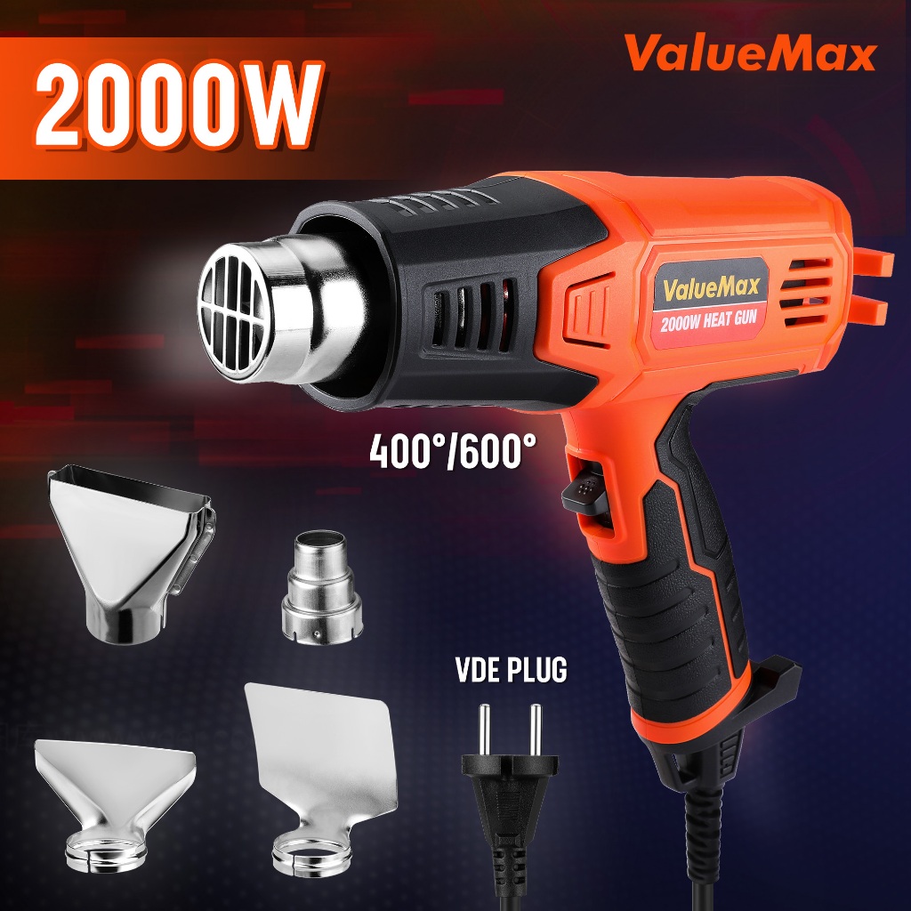 ValueMax 2000 วัตต์ เครื่องเป่าลมร้อน พร้อมเกียร์ 2 ชิ้น ปืนเป่าลมร้อน ใช้สำหรับฟิล์มหดบรรจุภัณฑ์ฟิล์มรถยนต์เพื่อดัดท่อพลาสติ ใช้สำหรับ ติดฟิล์ม ฟิล์มหด