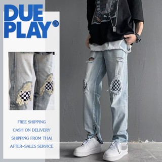 DUEPLAY กางเกงยีนส์ขาสั้นผู้ชาย สีฟ้า ทรงสลิม Slim Fit แฟชั่…