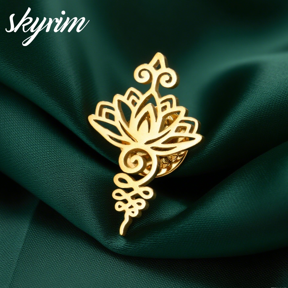 สกายริม สแตนเลสทองโลตัสเข็มกลัด- ไม่แพ้ง่าย สง่างามดอกไม้ เข็มหมุด, จิตวิญญาณ & วัฒนธรรมสัญลักษณ์เครื่องประดับของขวัญส