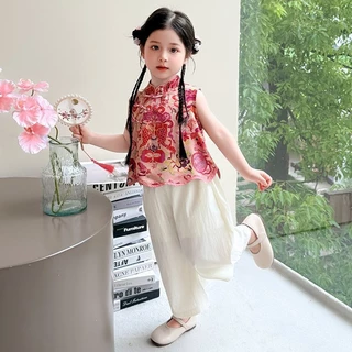 pippikids-A074 Girls ชุดสองชิ้น ใหม่ สไตล์จีน แขนสั้น กางเกงขากว้าง สำหรับฤดูร้อน