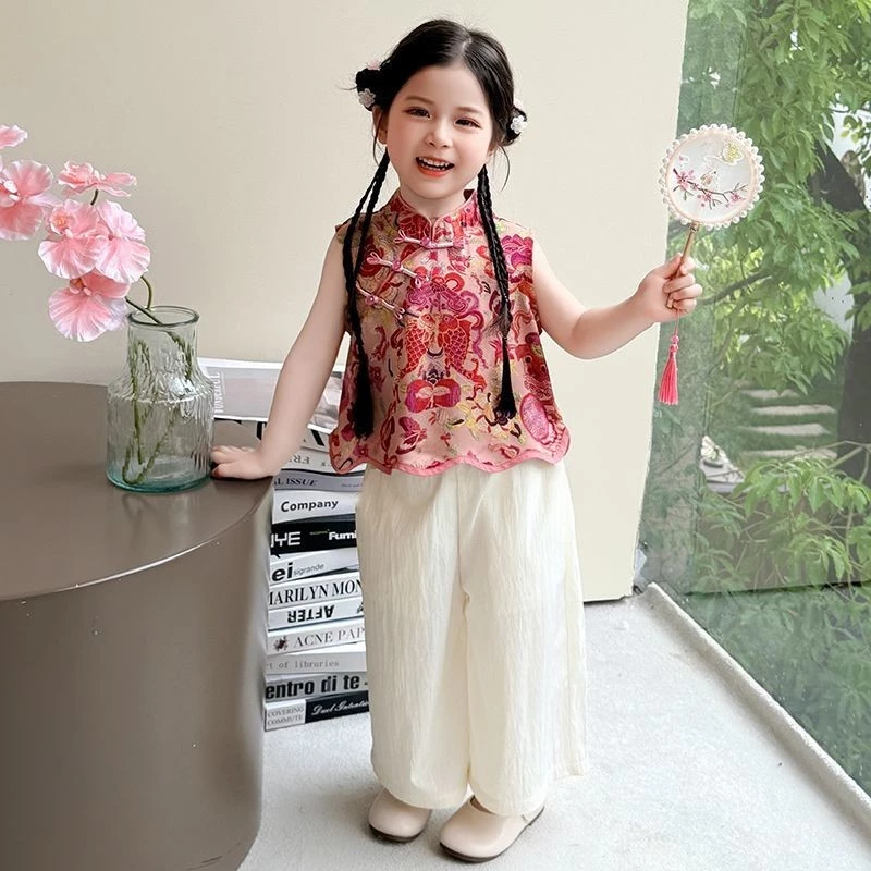 pippikids-A074 Girls ชุดสองชิ้น ใหม่ สไตล์จีน แขนสั้น กางเกงขากว้าง สำหรับฤดูร้อน