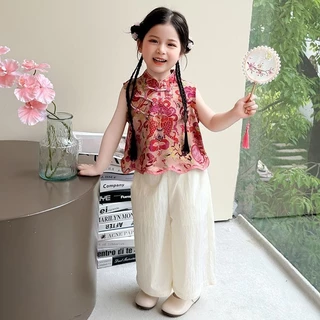 pippikids-A074 Girls ชุดสองชิ้น ใหม่ สไตล์จีน แขนสั้น กางเกงขากว้าง สำหรับฤดูร้อน