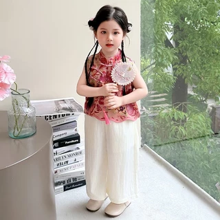pippikids-A074 Girls ชุดสองชิ้น ใหม่ สไตล์จีน แขนสั้น กางเกงขากว้าง สำหรับฤดูร้อน