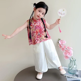pippikids-A074 Girls ชุดสองชิ้น ใหม่ สไตล์จีน แขนสั้น กางเกงขากว้าง สำหรับฤดูร้อน