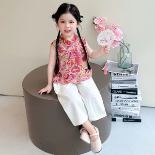 pippikids-A074 Girls ชุดสองชิ้น ใหม่ สไตล์จีน แขนสั้น กางเกงขากว้าง สำหรับฤดูร้อน