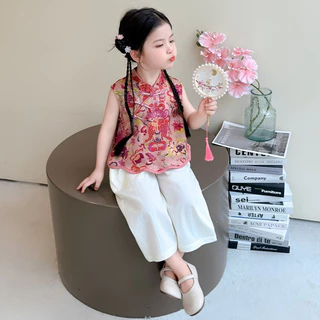 pippikids-A074 Girls ชุดสองชิ้น ใหม่ สไตล์จีน แขนสั้น กางเกงขากว้าง สำหรับฤดูร้อน