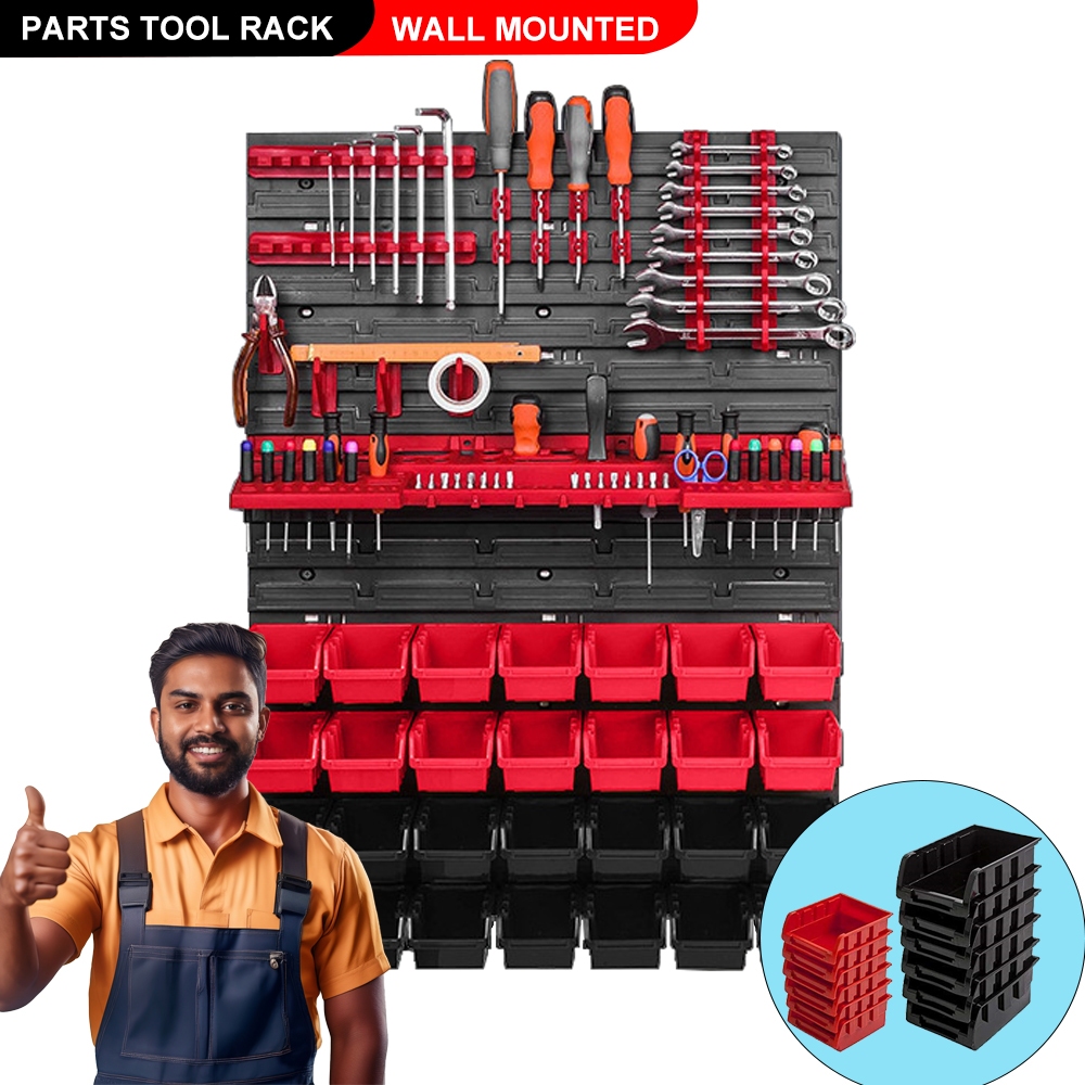 โรงรถติดผนังชั้นวางเครื่องมือ Pegboard 49 ชิ้นชุดพร้อมถังขยะและตะขอแขวนผนังชั้นวางออแกไนเซอร์สําหรับเครื่องมือจัดเก็บฮาร์ดแวร์