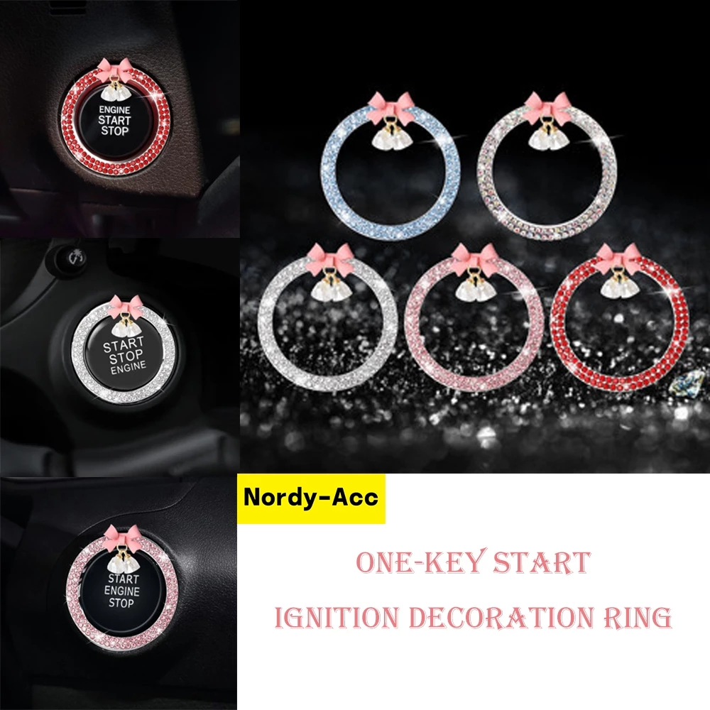 Sparkly Bling Rhinestone โบว์คริสตัลจี้รถ Push Start ปุ่มตกแต่งสําหรับแหวนจุดระเบิดอุปกรณ์ตกแต่งภายในรถยนต์ของขวัญ