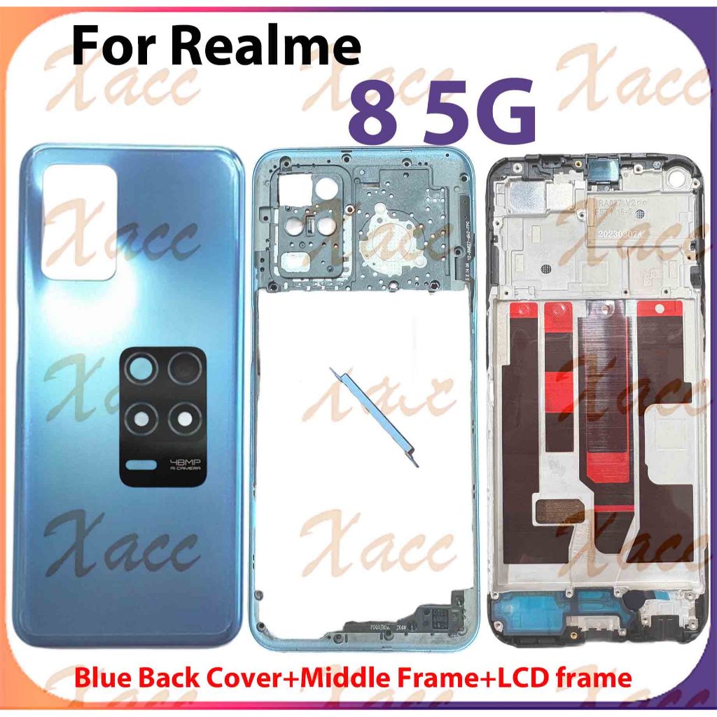 แบตเตอรี่ฝาหลังที่อยู่อาศัยกรอบกลาง + ปุ่ม + เลนส์กรอบกล้อง + กรอบด้านหน้า LCD สําหรับ OPPO Realme 8 5G RMX3241